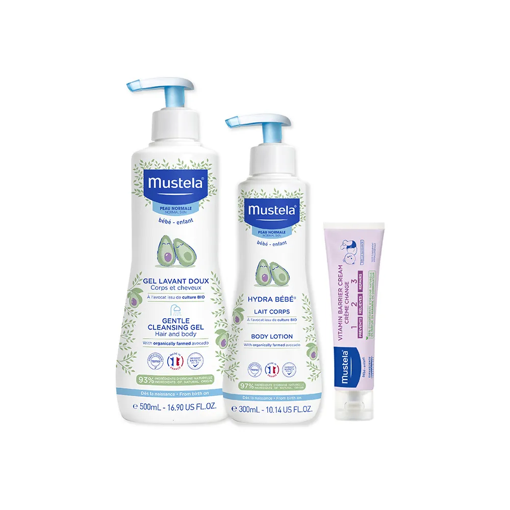 【Mustela 慕之恬廊】慕之幼 新手爸媽必備SOP組(雙潔乳500ml＋爽身潤膚乳300ml＋屁屁膏50ml 嬰兒洗髮乳液)