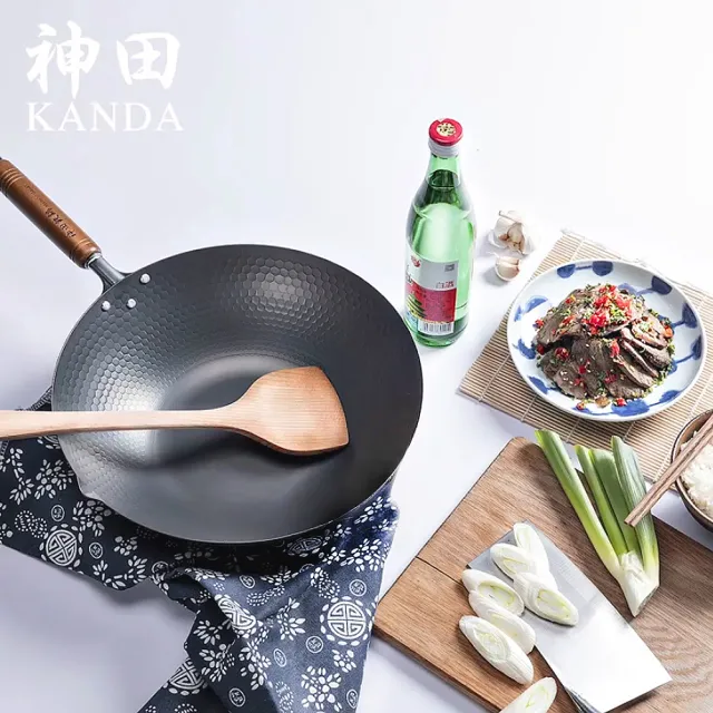 【神田】KANDA 日本製 窒化鐵 槌目紋 無塗層鐵炒鍋 鐵鍋 IH爐可用鍋 30cm(贈玻璃鍋蓋+木鏟)
