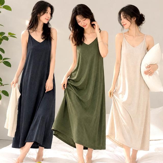 【Kosmiya】1套 固定胸墊 沁涼莫代爾感 慵懶午後睡裙/女睡衣/居家服/連身洋裝/洋裝(3色/均碼/加大碼)