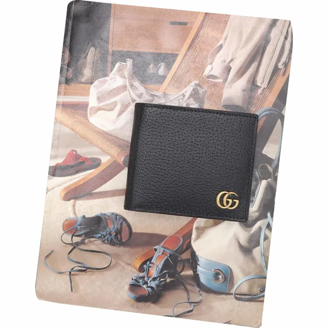 【GUCCI 古馳】GG MARMONT 壓紋牛皮4卡對開短夾-黑色