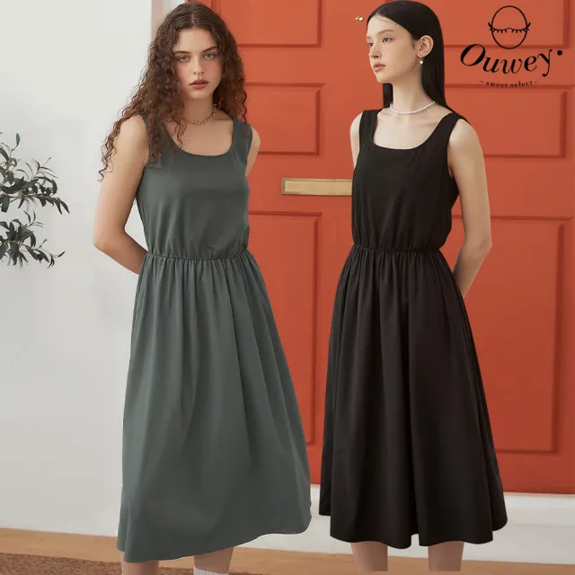 【OUWEY 歐薇】U領涼爽素色無袖洋裝(兩色；XS-L；3242327540)