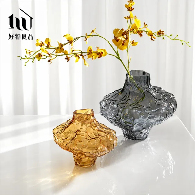 【好物良品】矮款_日系侘寂風水波紋藝術裝飾花瓶｜不規則岩石玻璃花瓶 客廳花瓶 玻璃花器 花藝術