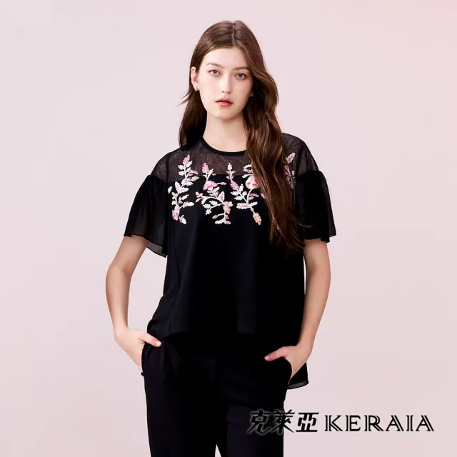 【KERAIA 克萊亞】靜夜枝梅亮片繡花蕾絲拼接棉上衣