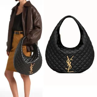 【YSL】Saint Laurent ICARE 字母標誌菱格衍縫納帕小羊皮手提 肩背腋下半月包-黑色