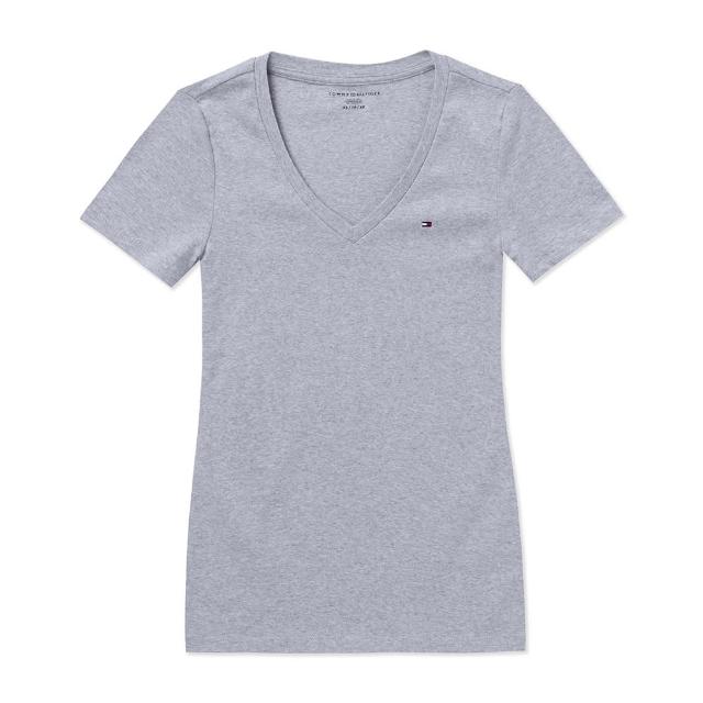 【TOMMY HILFIGER】TOMMY 經典V領Logo素面短袖T恤-女-灰色 上衣(平輸品/素T/短T/可男女穿搭)