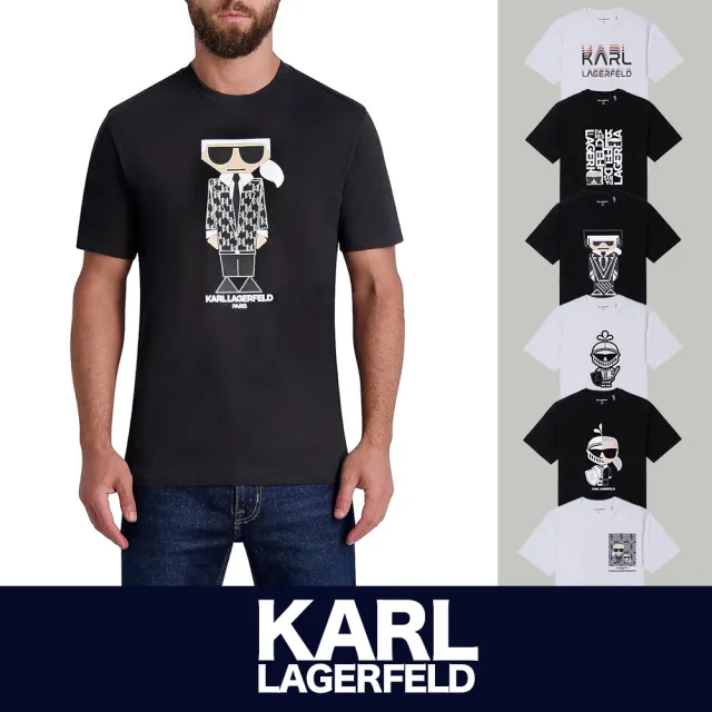 【KARL LAGERFELD 卡爾】老佛爺 經典印刷大Logo純棉圖案短袖T恤 上衣-多色選(專櫃款/平輸品/短T)