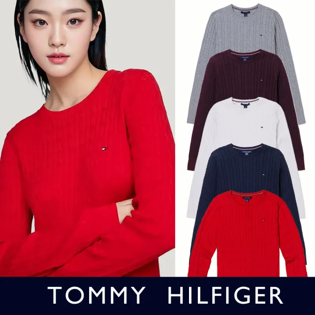 【TOMMY HILFIGER】TOMMY 經典圓領刺繡小LOGO麻花針織毛衣 上衣-女-多色選(平輸品/保暖舒適)