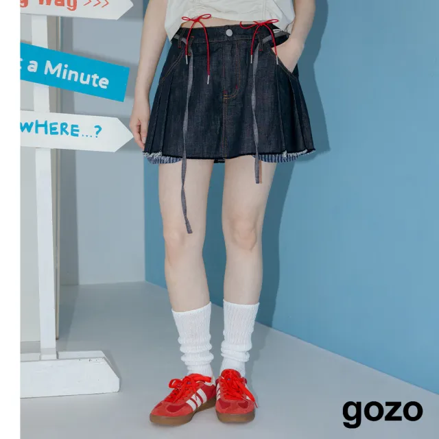 【gozo】下擺鬚邊綁帶牛仔打摺短裙(深咖/深藍)