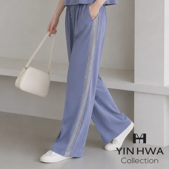 【YIN HWA 盈樺】ARIES 時尚率性側金蔥線條拼接長褲