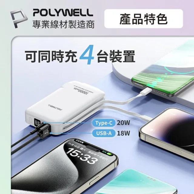 寶利威爾 ADS016-01 20W牆插式行動電源 10000mah 自帶線 USB＋C雙孔 數位電量顯示