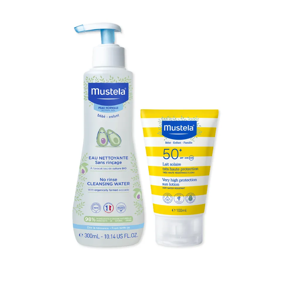 【Mustela 慕之恬廊】防曬清潔組(防曬乳100ml+免用水潔淨液300ml 寶寶/嬰兒/兒童/孕婦防曬 防水 全家適用)