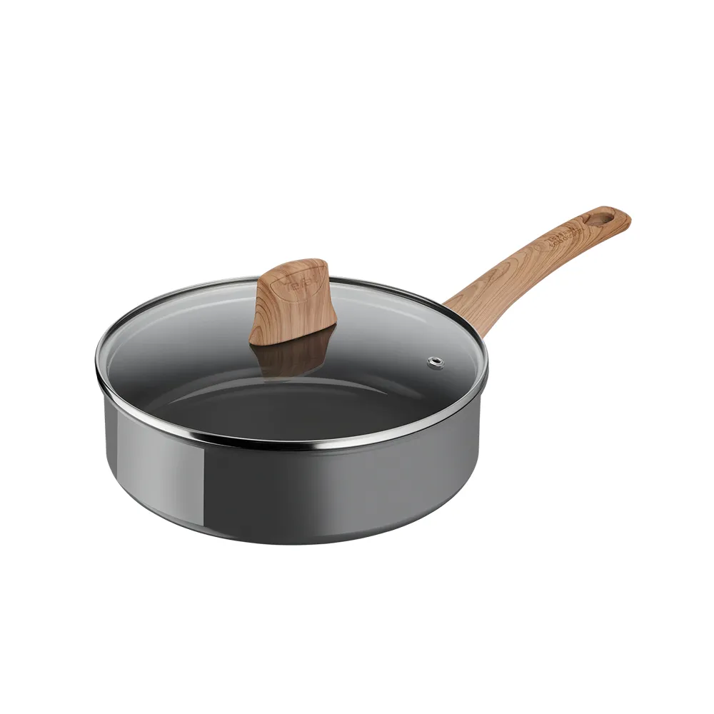【Tefal 特福】法國製綠生活陶瓷不沾鍋系列24CM不沾鍋深煎鍋_加蓋(IH爐可用鍋/電磁爐適用)
