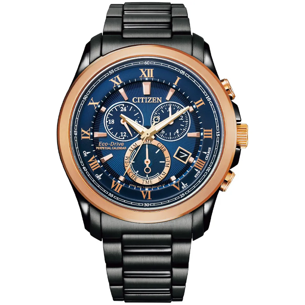 【CITIZEN 星辰】亞洲限定光動能羅馬紳士萬年曆計時男錶-藍x黑/43mm(BL5546-81L)母親節 禮物