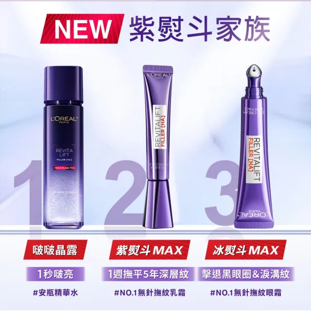 【L’OREAL Paris 巴黎萊雅】玻尿酸瞬效保濕修護晶露2入組(啵啵精華水/液態紫熨斗/保濕)