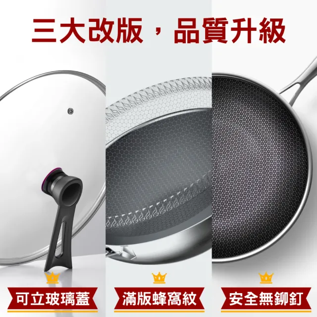 【鼎匠】新升級無鉚釘316不鏽鋼炒鍋★鈦黑立體雙面蜂巢加大34cm(不沾鍋抗菌/可立玻璃蓋/不挑爐具/導熱快)