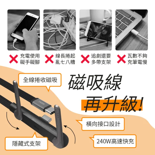 【YOMIX 優迷】3入組★Type-C 240W快充折疊支架磁吸收納編織充電線1.5M(筆電/手機/平板通用/追劇支架)