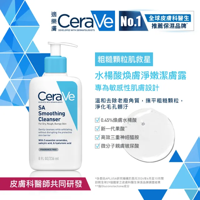 【CeraVe 適樂膚】臉部角質代謝嫩膚組★全效超級修護乳52ml+水楊酸煥膚淨嫩潔膚露 473ml(改善乾燥粗糙顆粒)