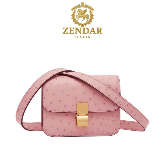 【ZENDAR】台灣總代理 頂級珍稀鴕鳥皮肩背包 齊塔系列 (櫻花粉金扣 女包)