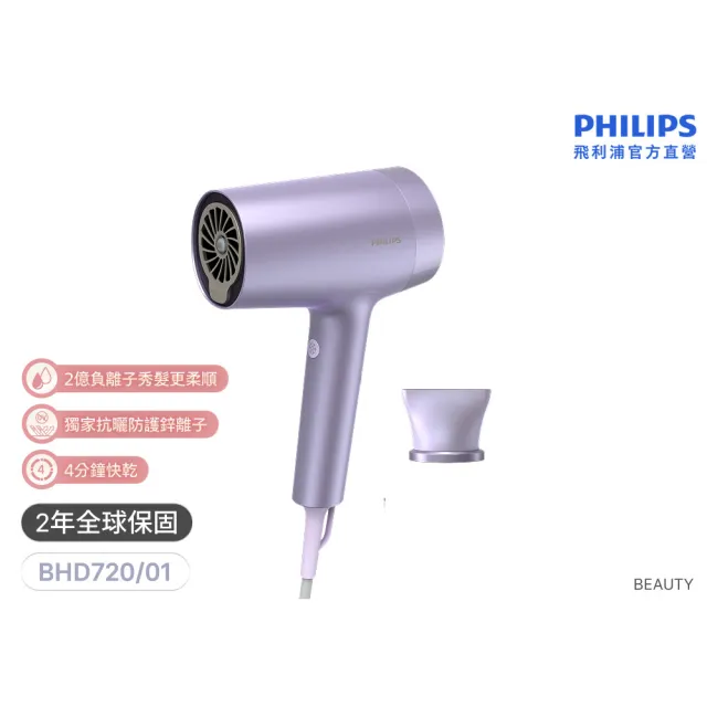【Philips 飛利浦】BHD720 水光感護色溫控吹風機 (霧銀紫/2億負離子/水離子/官方直營)