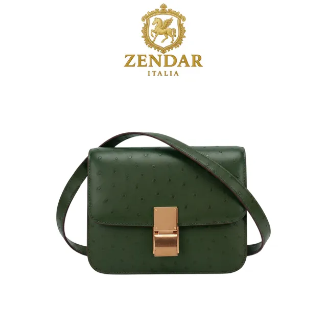 【ZENDAR】台灣總代理 限量1折 頂級珍稀鴕鳥皮肩背包 齊塔方胖系列 全新專櫃展示品(墨綠色金扣 女包)