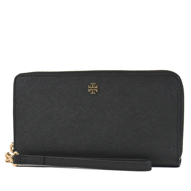【TORY BURCH】EMERSON 十字紋防刮全開拉鍊手掛長夾-黑色