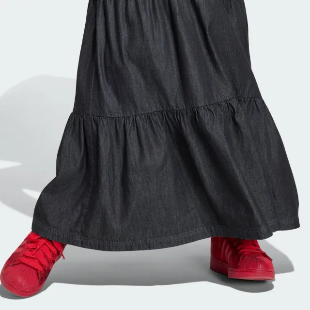 【adidas 愛迪達】單寧長裙(KY8114 女款ORIGINALS休閒牛仔蛋糕長裙 黑色)