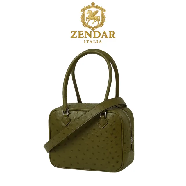 【ZENDAR】台灣總代理 限量1折 頂級珍稀鴕鳥皮手提包肩背包 迪安娜系列 全新專櫃展示品(橄欖綠銀扣 女包)