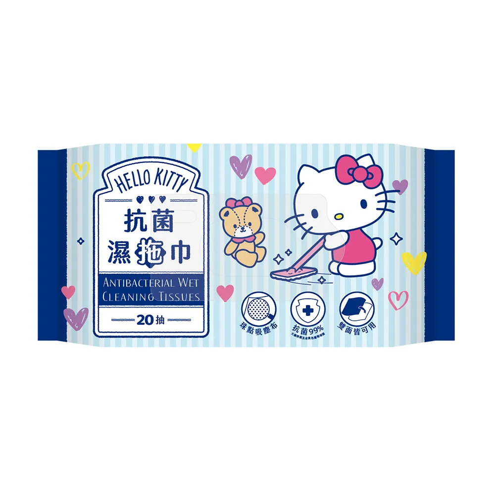 【SANRIO 三麗鷗】Hello Kitty抗菌濕拖巾 20抽X12包(地板拖/家庭環境清潔濕紙巾)