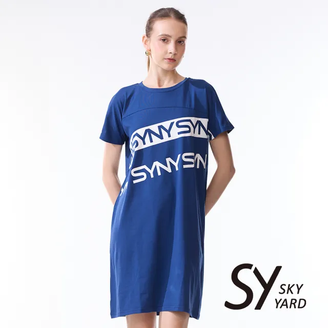 【SKY YARD】網路限定款-休閒落肩短袖印花洋裝-藍色