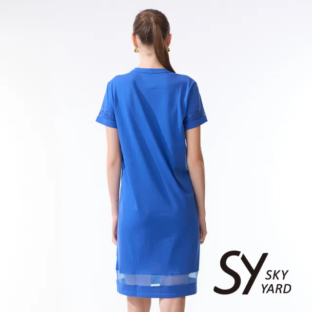 【SKY YARD】網路限定款-素面休閒短袖簍空洋裝長版上衣-藍色