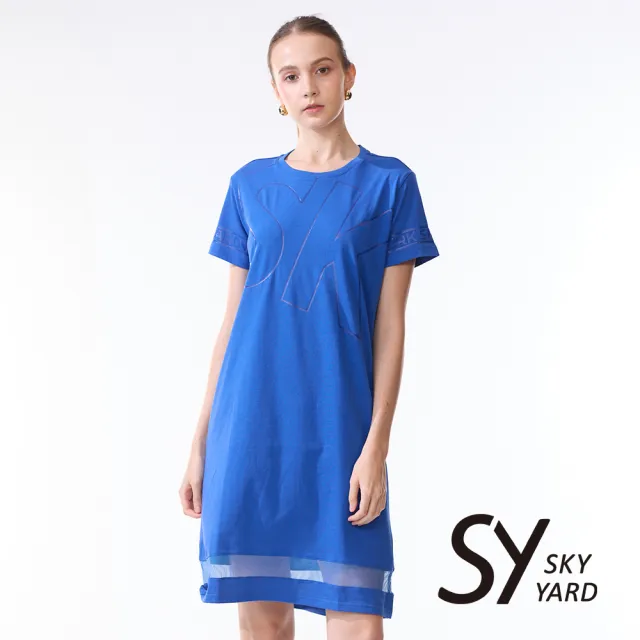 【SKY YARD】網路限定款-素面休閒短袖簍空洋裝長版上衣-藍色
