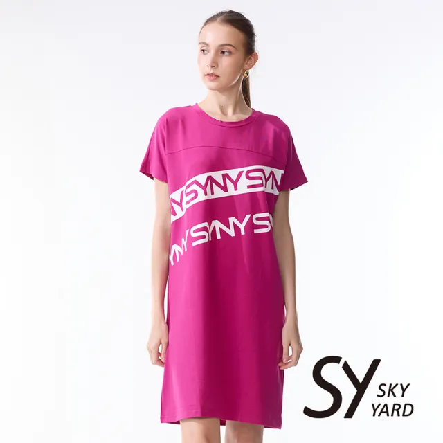 【SKY YARD】網路限定款-休閒落肩短袖印花洋裝-粉色