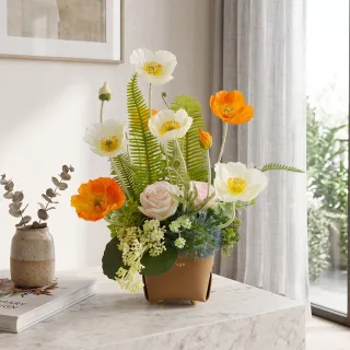【HUGO DECO 榆果傢飾】橘白虞美人皮革盆香氛花藝(擬真花/香氛/送花/入厝/送禮)