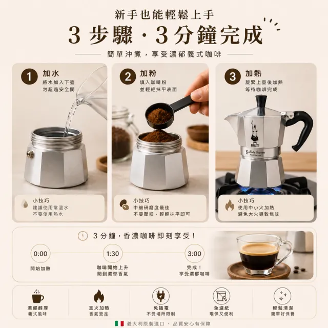 【Bialetti 比亞樂堤】經典摩卡壺MOKA-1杯份(義式濃縮/免插電咖啡機/百年咖啡壺/原廠保固2年)