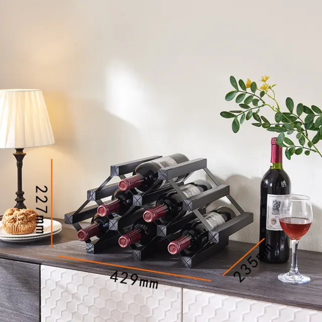 【MOOG 沐格】6瓶黑色鬆木紅酒架 格子鐵葡萄酒酒架 簡易桌面酒櫃置物架