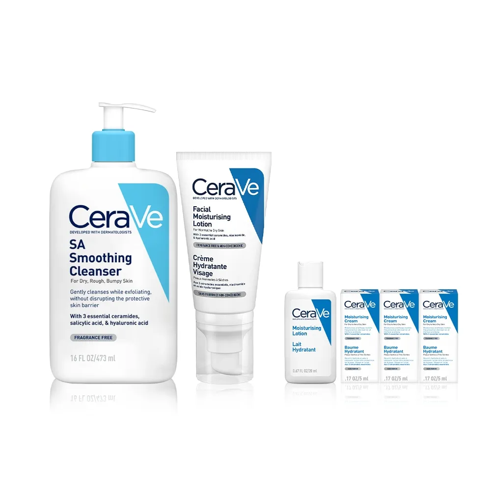 【CeraVe 適樂膚】臉部角質代謝嫩膚組★全效超級修護乳52ml+水楊酸煥膚淨嫩潔膚露 473ml(改善乾燥粗糙顆粒)