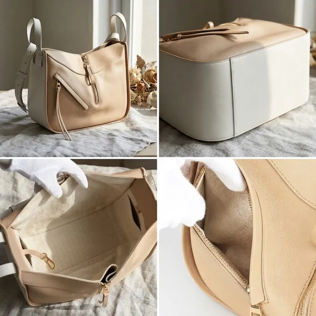 【LOEWE 羅威】LOEWE 撞色小牛皮鉤釦式斜背吊床包(米白x奶茶米棕)