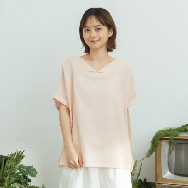 【MOSS CLUB】純棉緹花條紋V領上衣 黑 粉