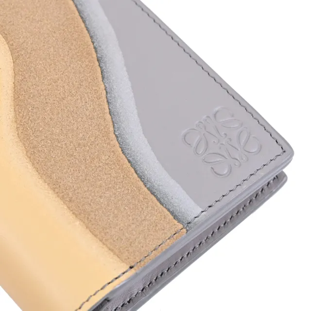 【LOEWE 羅威】Compact Landscape 撞色波浪拼接對折零錢短夾(灰黃)