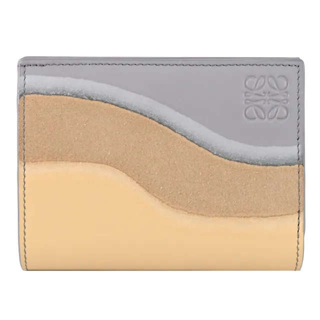 【LOEWE 羅威】Compact Landscape 撞色波浪拼接對折零錢短夾(灰黃)