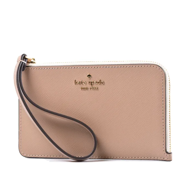【KATE SPADE】Lucy 防刮十字紋L型拉鍊手掛拉鍊證件/零錢包-奶茶色/白