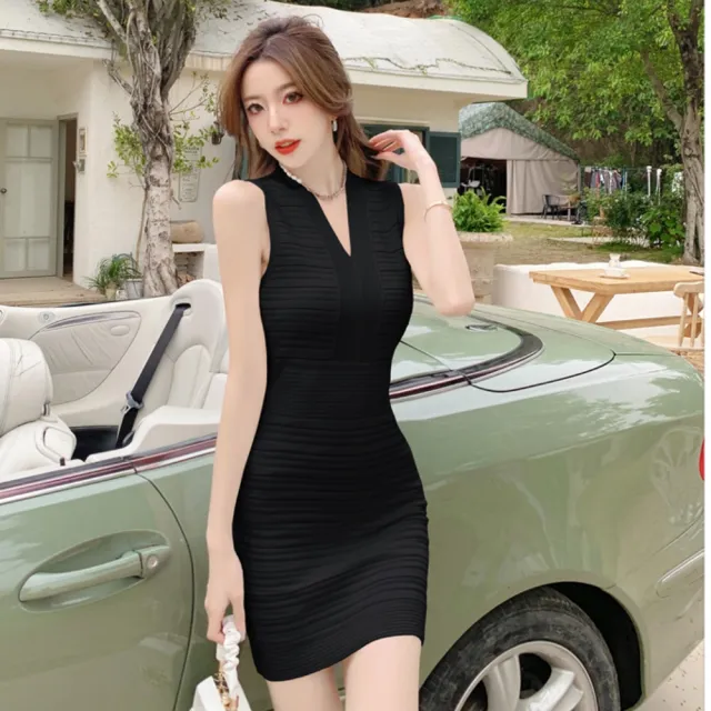 【RoseMi 瑰覓】V領坑條針織包臀背心裙洋裝FZ12039露肩性感洋裝宴會婚禮夜店洋裝派對洋裝