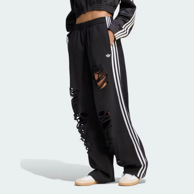 【adidas 愛迪達】運動長褲(KW8254 女款ORIGINALS寬鬆休閒復古棉質長褲 仿舊破壞細節 黑色)