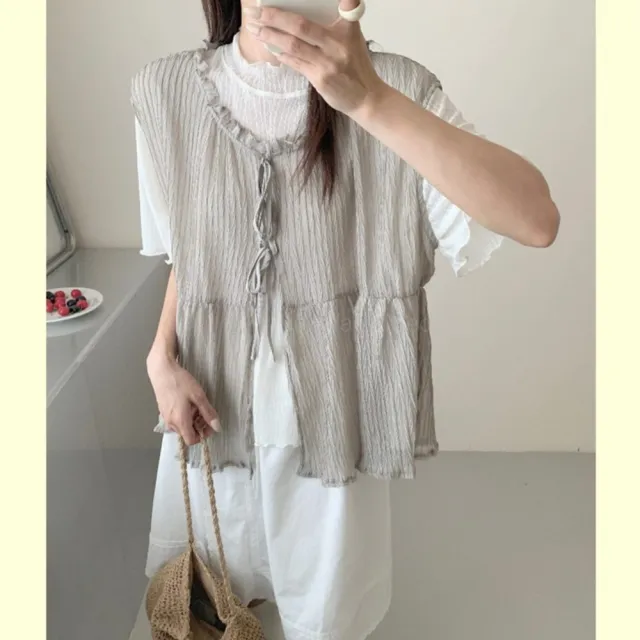 【Want-Meow】90公斤可穿/日系大胸可質感寬肩帶綁帶雪紡背心(大碼上衣/大碼/大尺碼/雪紡背心)