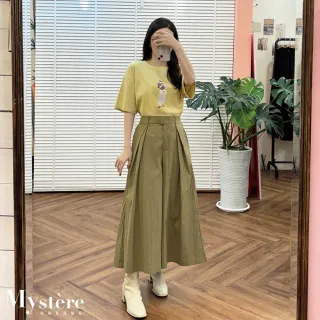 【my stere 我的時尚秘境】顯瘦打摺A字寬褲 卡其綠 傘襬寬褲 大寬褲 褲裙 鬆緊褲 A字裙