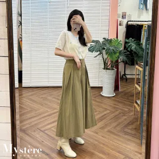 【my stere 我的時尚秘境】顯瘦打摺A字寬褲 卡其綠 傘襬寬褲 大寬褲 褲裙 鬆緊褲 A字裙