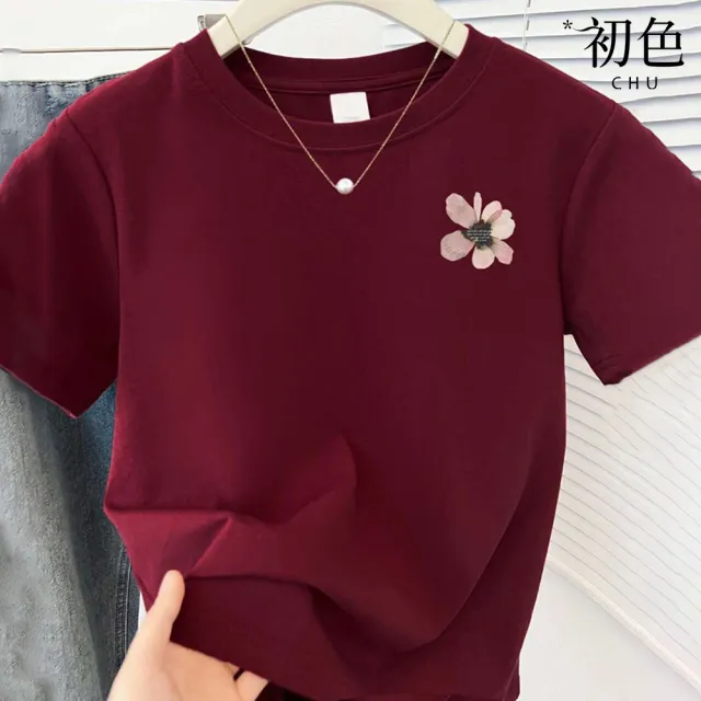 【初色】休閒純色印花圓領短袖T恤上衣女上衣-5款任選-14586(M-2XL可選)