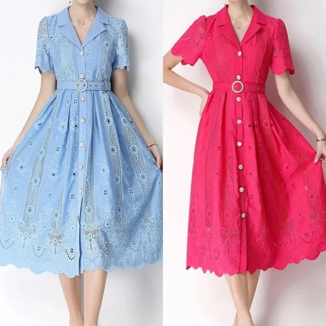 【米蘭精品】現貨+預購 連身裙法式名媛洋裝長裙小禮服宴會女裝-西領鏤空刺繡排扣女裙子4色t1og14