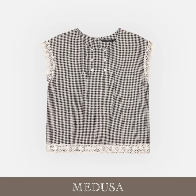 【MEDUSA 曼度莎】現貨-晨霧灰黑格亞麻蕾絲邊上衣（M-XL）｜亞麻上衣 蕾絲邊 休閒穿搭