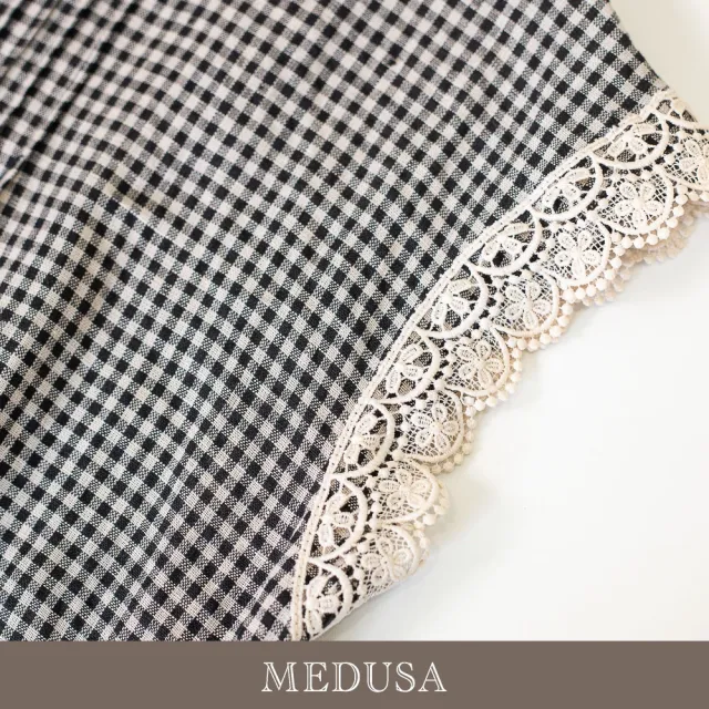 【MEDUSA 曼度莎】現貨-晨霧灰黑格亞麻蕾絲邊上衣（M-XL）｜亞麻上衣 蕾絲邊 休閒穿搭